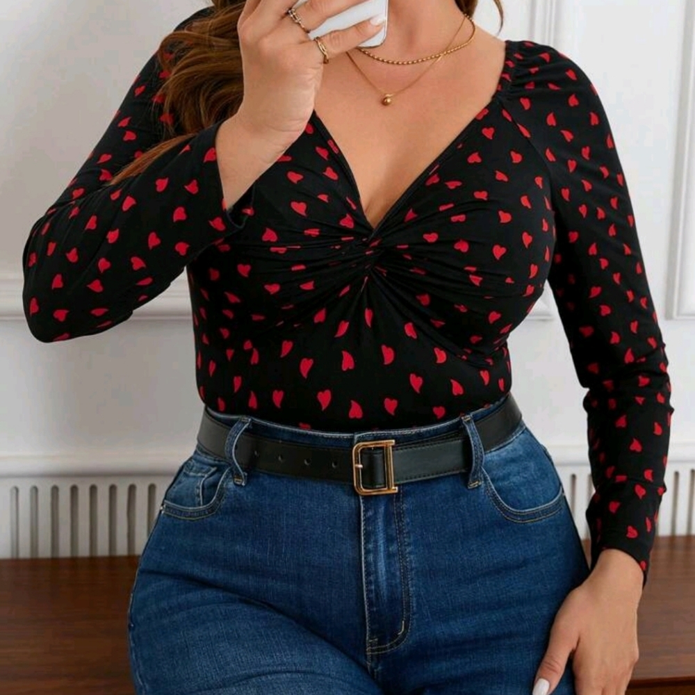 Plus Size Valentins Ruffle Hem Heart Print Long Sleeve Top Blouse Shirt